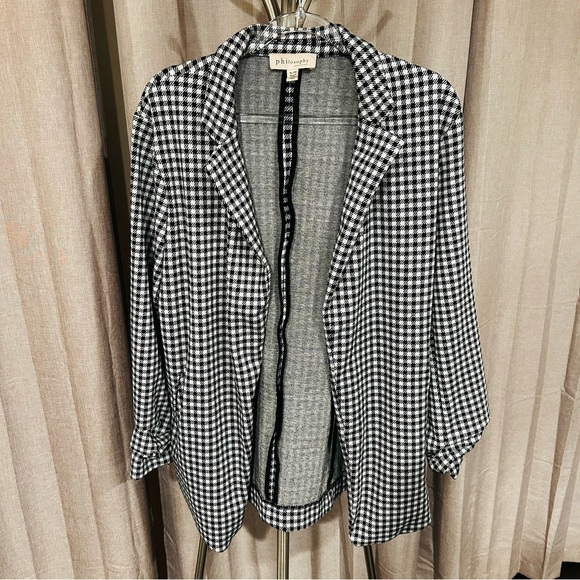 COPY - - -Philosophy Black White Gingham Blazer 3/4 Gathered Sleeve Women's Siz… - Picture 2 of 11